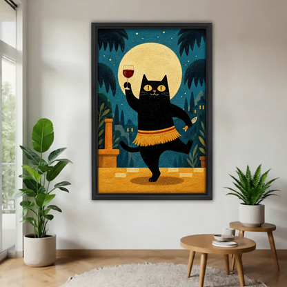 Black cat canvas wall art in a framed finish styled between indoor plants in a bright living room.