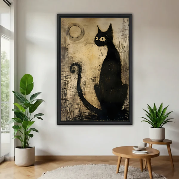 Black cat canvas wall art in a bright room, showing a sleek cat beneath a pale moon with a curling tail