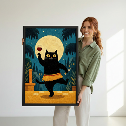 Black cat canvas wall art held by a woman to show the framed artwork’s scale.