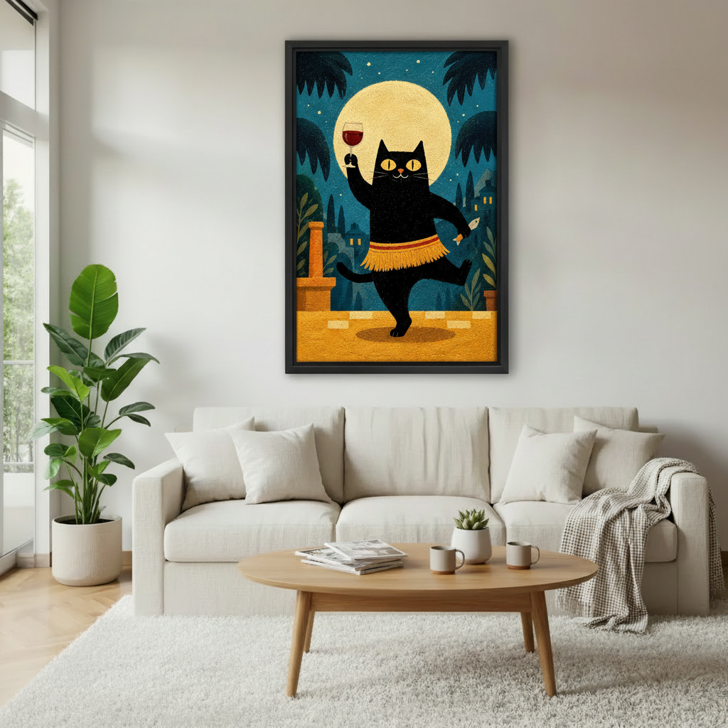 Black cat canvas wall art in a framed finish above a neutral sofa with plants.