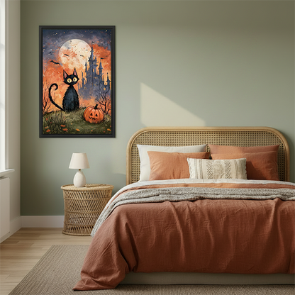 Whimsical black cat and castle canvas wall art in a black frame above a cream living room sofa.