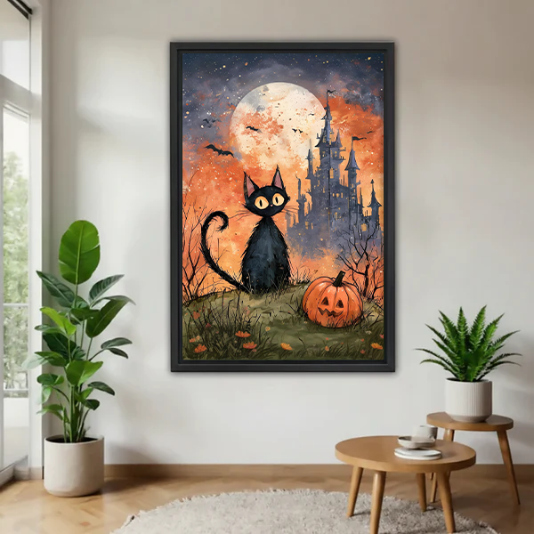 Black-framed black cat and castle canvas wall art with a full moon and pumpkin displayed between plants.