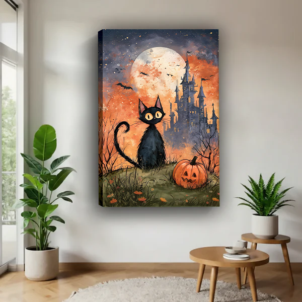 Gallery-wrap black cat and castle canvas wall art featuring bats, a full moon and an orange Halloween sky.