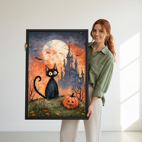 Woman holding framed black cat and castle canvas wall art with a smiling jack-o’-lantern beneath the moon.