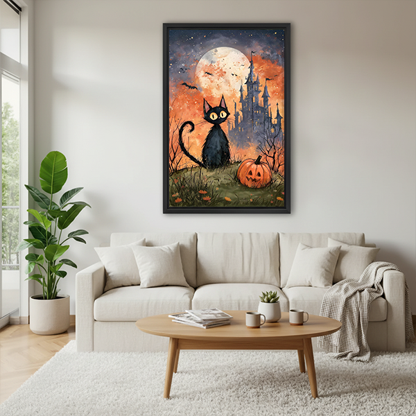 Framed black cat and castle canvas wall art on a sage bedroom wall beside a rattan bed.