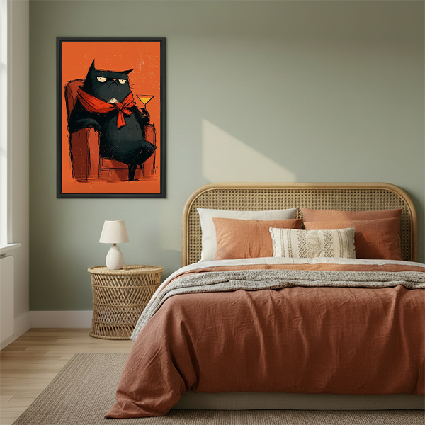 Framed black cat cocktail canvas wall art with bright orange tones displayed between plants in a sunlit room.