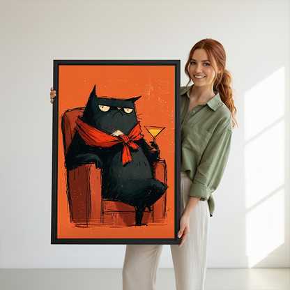 Black-framed black cat cocktail canvas wall art showing a lounging cat above a cream living room sofa.