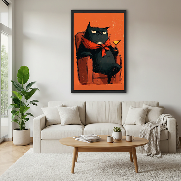 Gallery-wrap black cat cocktail canvas wall art depicting a scarf-wearing cat in an armchair, displayed beside indoor plants.