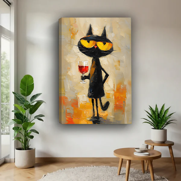 Black cat cocktail canvas wall art featuring yellow sunglasses and red wine displayed beside indoor plants
