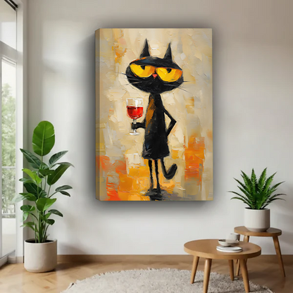Black cat cocktail canvas wall art featuring yellow sunglasses and red wine displayed beside indoor plants