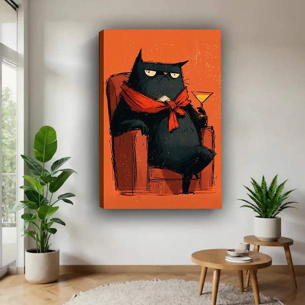 Framed black cat cocktail canvas wall art with an orange background beside a rattan bed and rust-colored bedding.