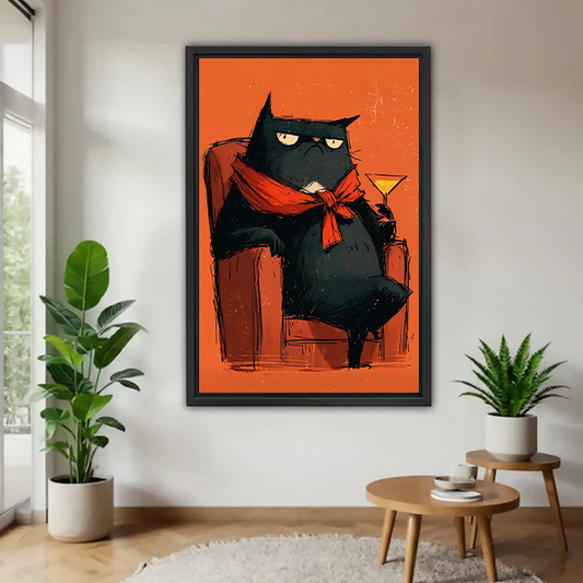 Woman holding framed black cat cocktail canvas wall art featuring a red scarf, armchair, and vivid orange background.