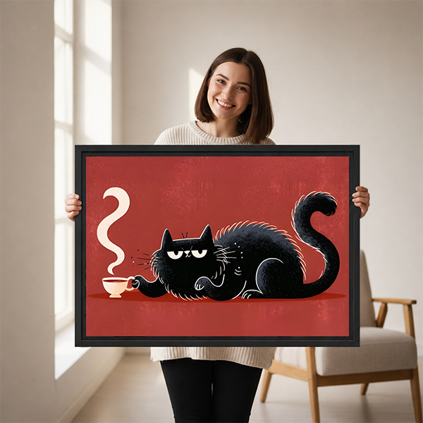 Framed black cat coffee canvas wall art featuring a steaming cup and red background above a white bed.