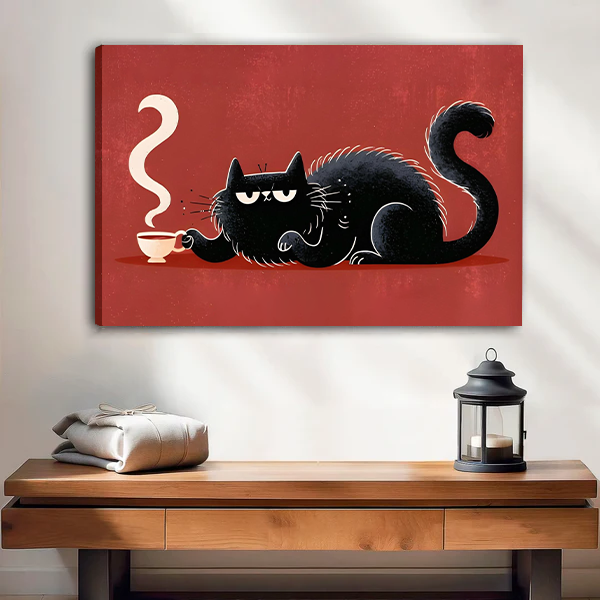 Black cat coffee canvas wall art in a black frame above a wooden console with folded blankets and lantern.