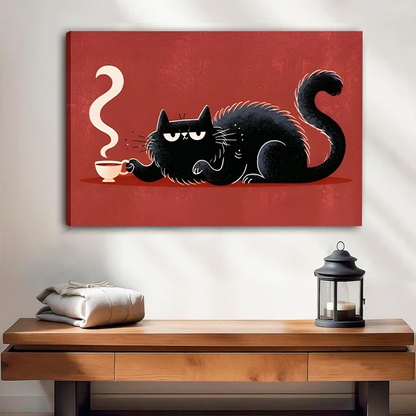 Black cat coffee canvas wall art in a black frame above a wooden console with folded blankets and lantern.