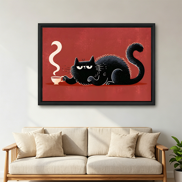 Woman holding framed whimsical black cat coffee canvas wall art with a lounging cat and curling cream-colored steam.