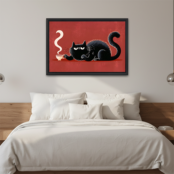 Black cat coffee canvas wall art without an outer frame above a wooden console with a black lantern.