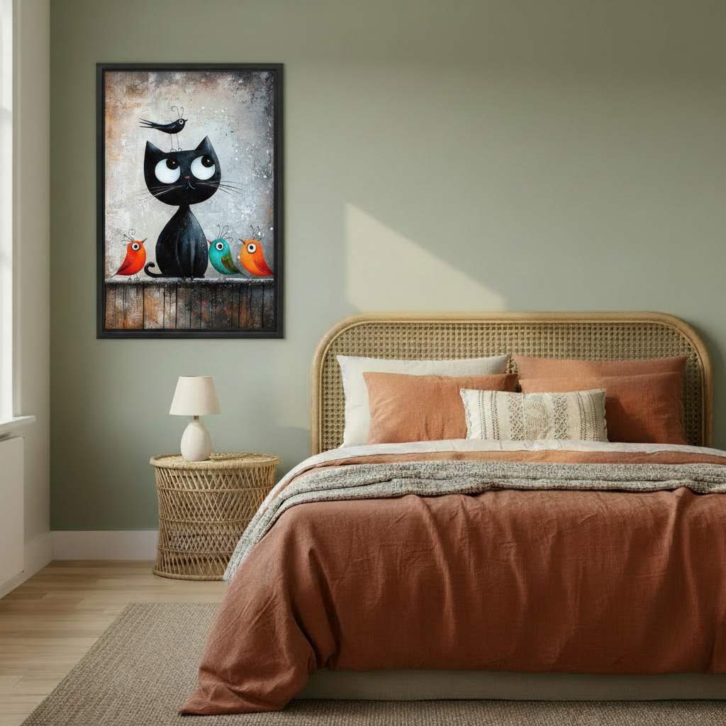 Whimsical framed art print featuring a black cat and round colorful birds on a fence, hung on a sage green bedroom wall above a rattan bed