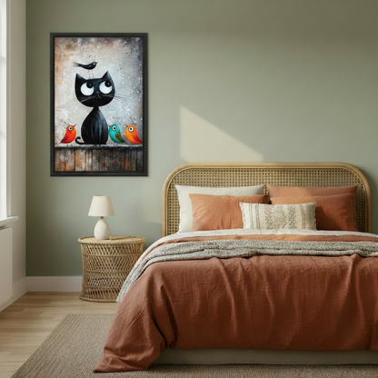 Whimsical framed art print featuring a black cat and round colorful birds on a fence, hung on a sage green bedroom wall above a rattan bed
