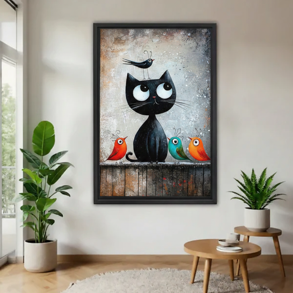 Vertical framed illustration of a black cat surrounded by red teal and orange birds, styled in a bright minimalist hallway with indoor plants