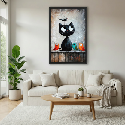Framed wall art print of a big-eyed black cat sitting on a fence with three colorful birds, displayed above a cream sofa in a modern living room