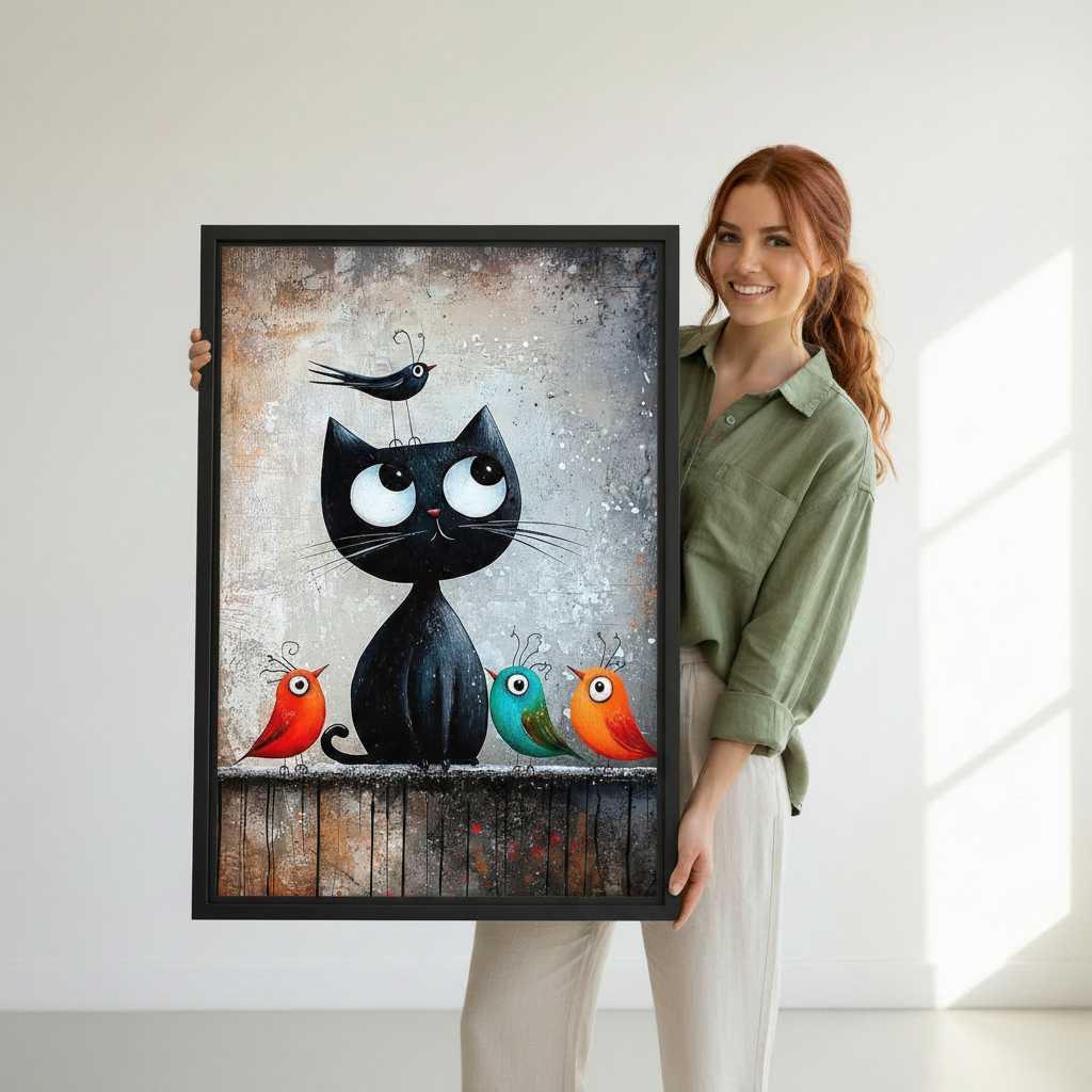 Woman holding a large framed art print of a black cat and colorful birds, showcasing print size and black frame finish against a white wall