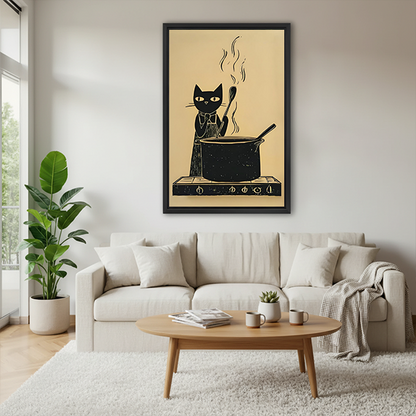 Retro Black Cat Cooking Canvas Wall Art | Framed & Unframed l5105