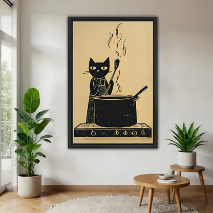 Retro Black Cat Cooking Canvas Wall Art | Framed & Unframed l5105