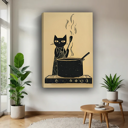 Retro Black Cat Cooking Canvas Wall Art | Framed & Unframed l5105