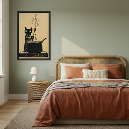 Retro Black Cat Cooking Canvas Wall Art | Framed & Unframed l5105