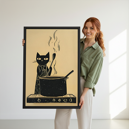 Retro Black Cat Cooking Canvas Wall Art | Framed & Unframed l5105