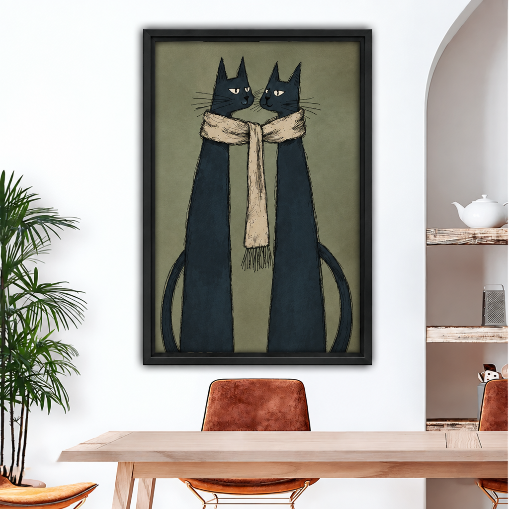 Framed black cat couple canvas art above a dining table, showing two cats sharing a cream scarf.
