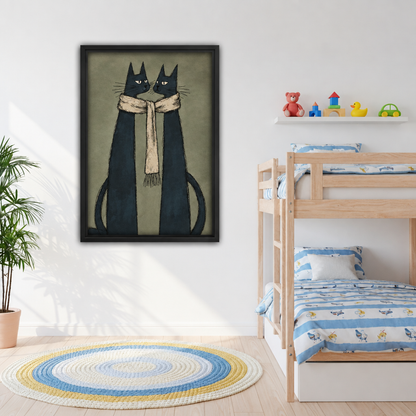  Framed black cat couple canvas art displayed beside a wooden bunk bed in a child's room.