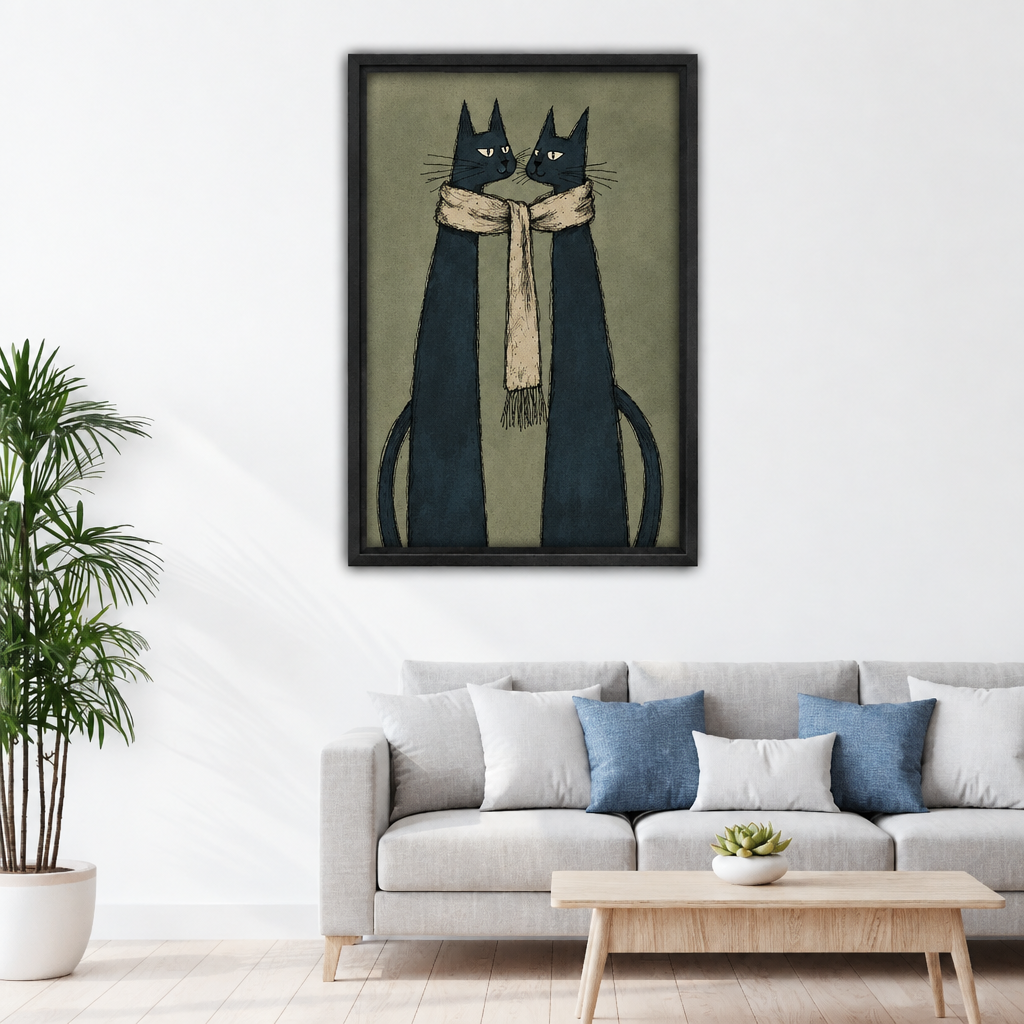 Framed black cat couple canvas art hanging above a light sofa in a living room.