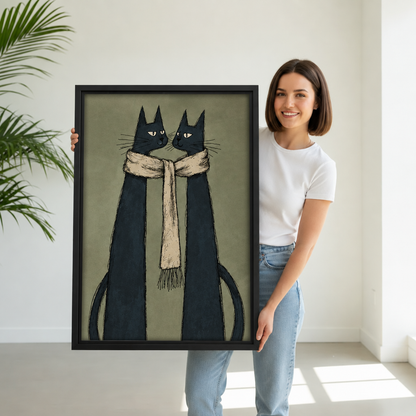 Woman holding framed black cat couple canvas art featuring two tall cats facing each other.