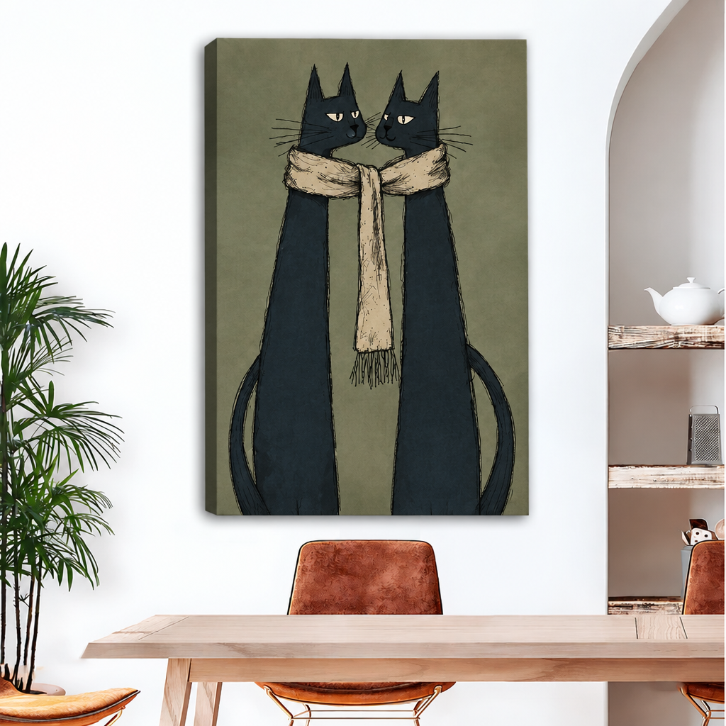 Gallery-wrap black cat couple canvas art in a dining room, with the wrapped side edge visible