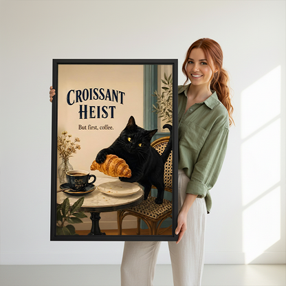 Black-framed black cat croissant canvas wall art between leafy plants, featuring a café table and Croissant Heist lettering.