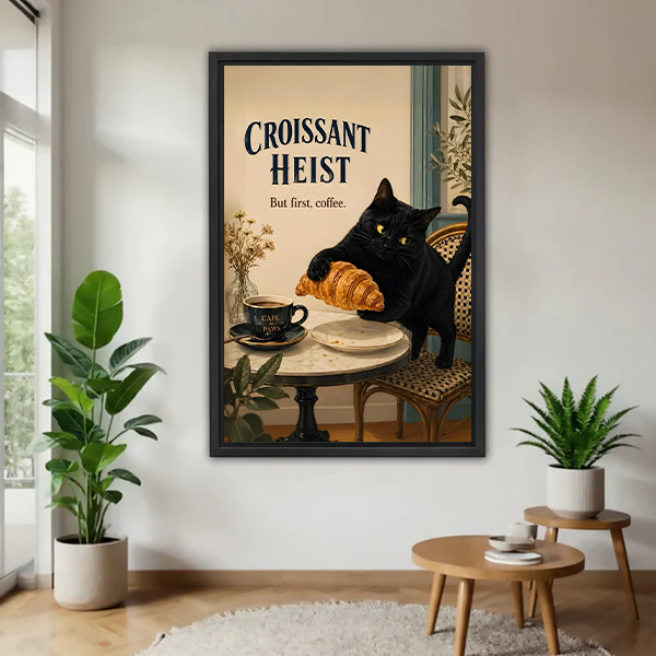 Black-framed black cat croissant canvas wall art above a cream sofa and wooden coffee table in a bright room.