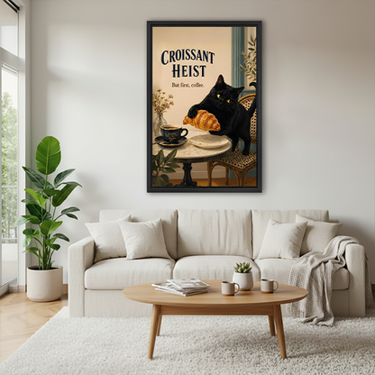 Gallery-wrapped black cat croissant canvas wall art beside green plants, showing a golden pastry and coffee cup.