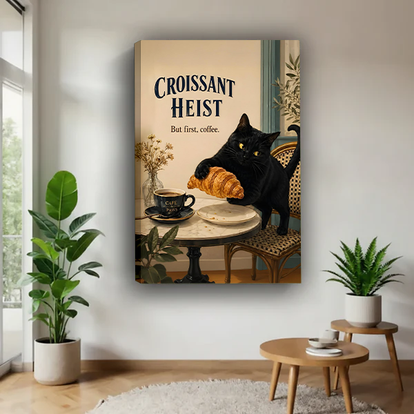 Framed black cat croissant canvas wall art beside a rattan headboard, terracotta bedding, and white bedside lamp.