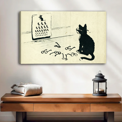 Unframed black cat reading mouse eye chart canvas wall art hung above a rustic wooden console table