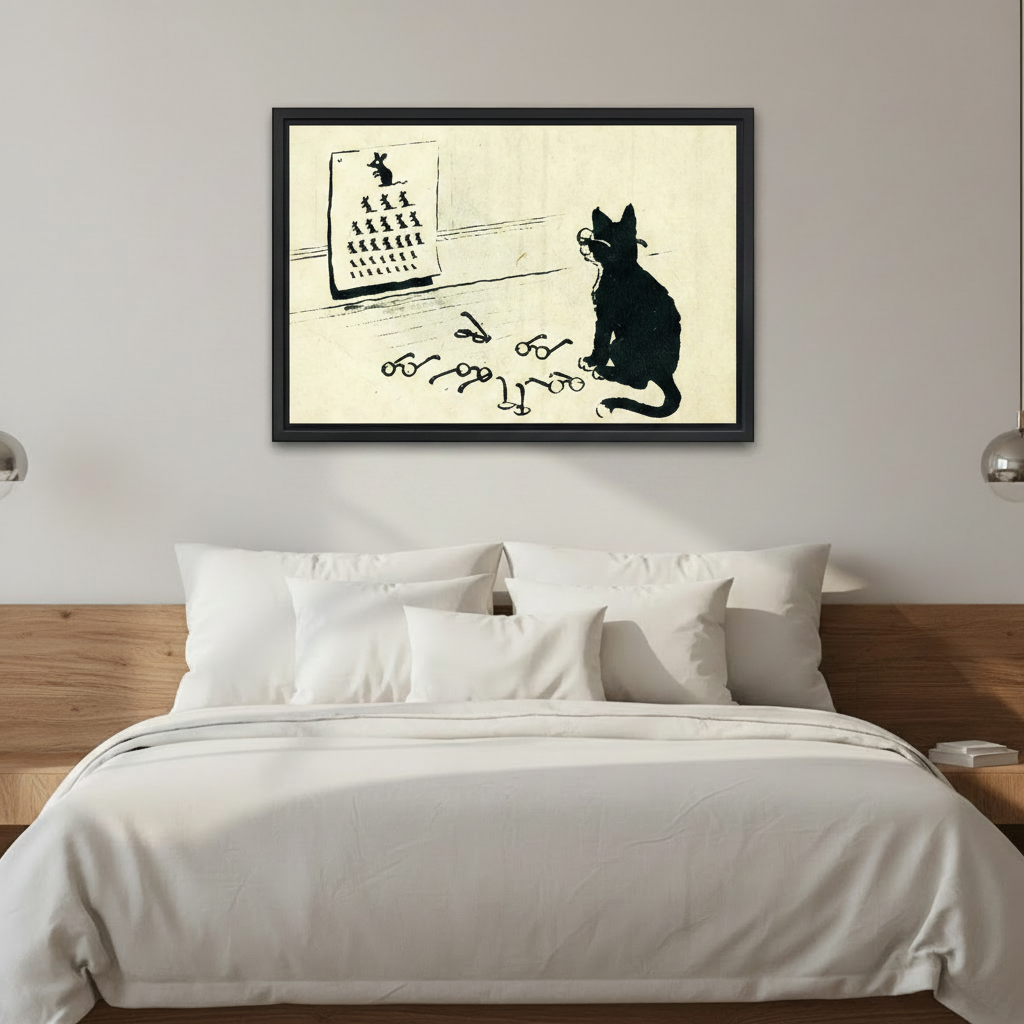 Vintage black cat eye chart framed canvas wall art mounted above a white bedding bed in a minimalist bedroom
