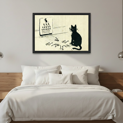 Vintage black cat eye chart framed canvas wall art mounted above a white bedding bed in a minimalist bedroom