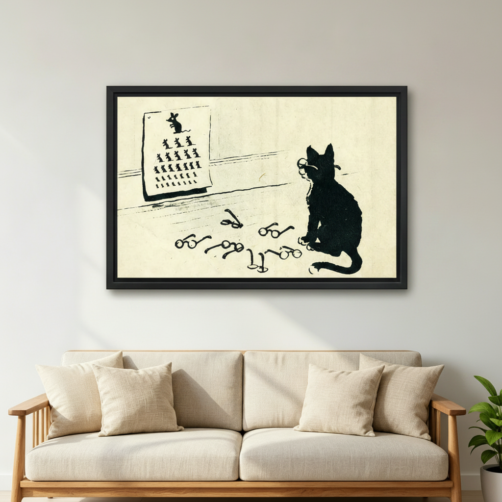 Quirky black cat eye chart framed canvas art styled above a neutral linen sofa in a bright modern living room