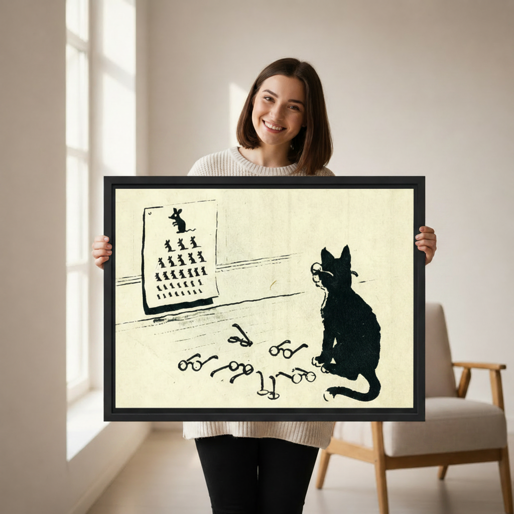 Woman holding large framed black cat eye chart canvas print showing size scale and black frame detail