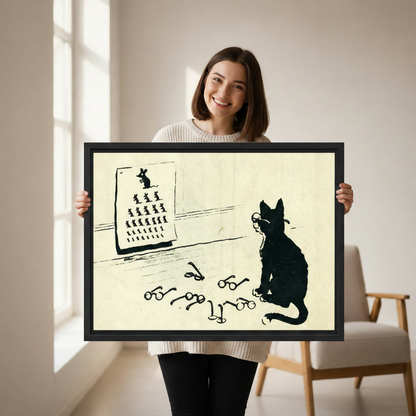 Woman holding large framed black cat eye chart canvas print showing size scale and black frame detail