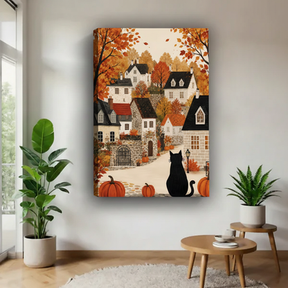 Frameless gallery wrap canvas of a black cat overlooking an autumn village with stone cottages pumpkins and orange fall foliage on white wall flanked by two potted tropical plants