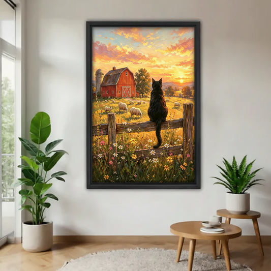 Black cat farm sunset black framed canvas print hanging between fiddle leaf fig and fern on white wall