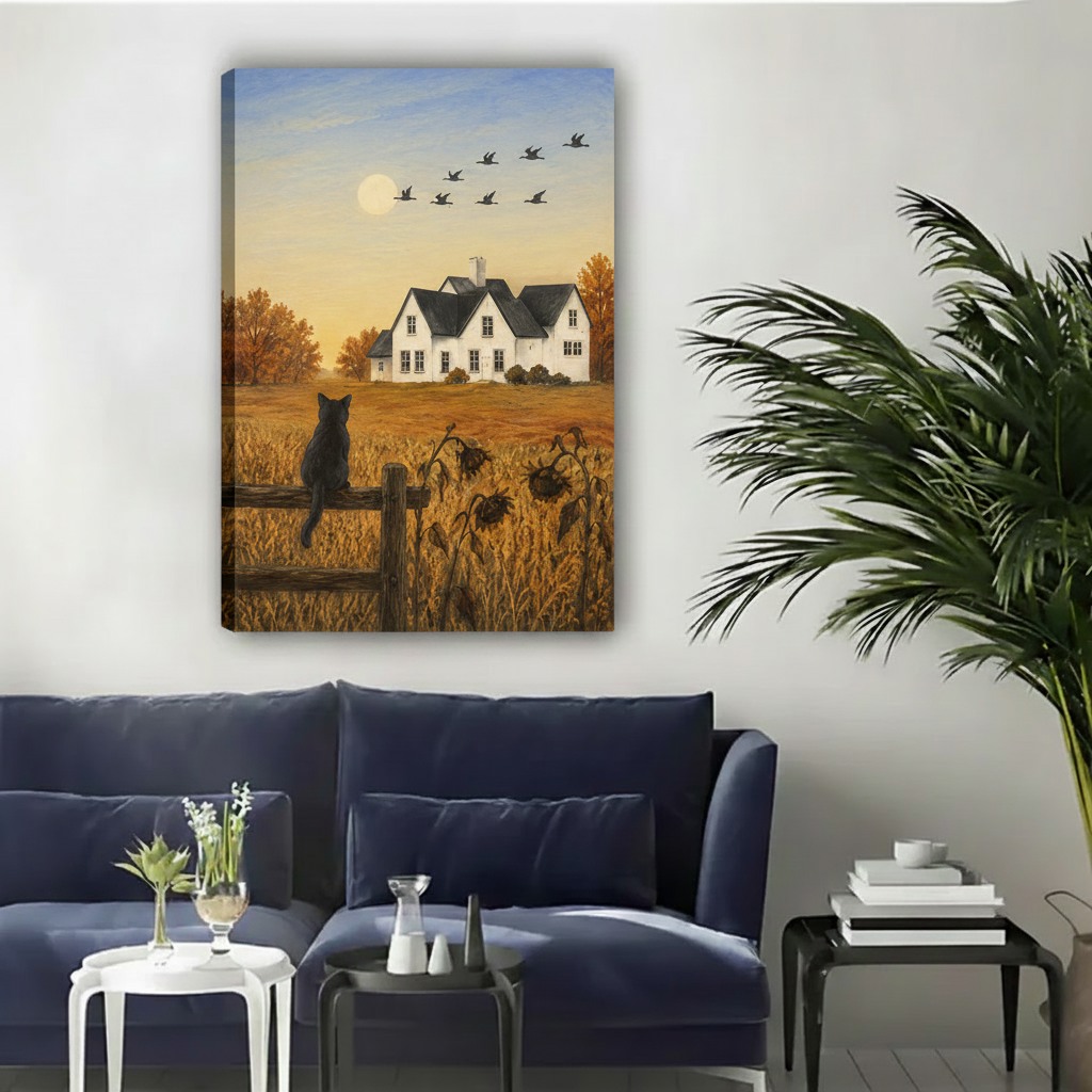Black cat autumn farmhouse unframed gallery wrap canvas art above navy sofa with green palm plant decor