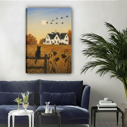 Black cat autumn farmhouse unframed gallery wrap canvas art above navy sofa with green palm plant decor